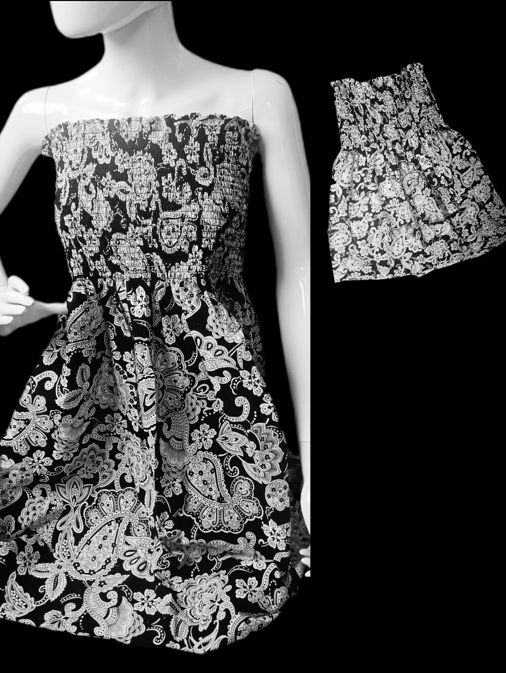 Now $5.  Strapless Black & White Paisley Summer Dress